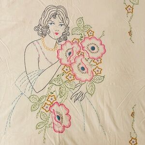Vintage Hand Embroidered Floral Coverlet/Bedspread Full/Queen